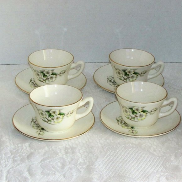 Georgian China Spring Blosdom 4 Coffee Cups & Saucers Vintage Teacups - Picture 1 of 13